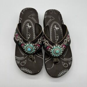 Montana West Flip-Flops Size 9‎ Brown Turquoise & Rhinestones Sandals
